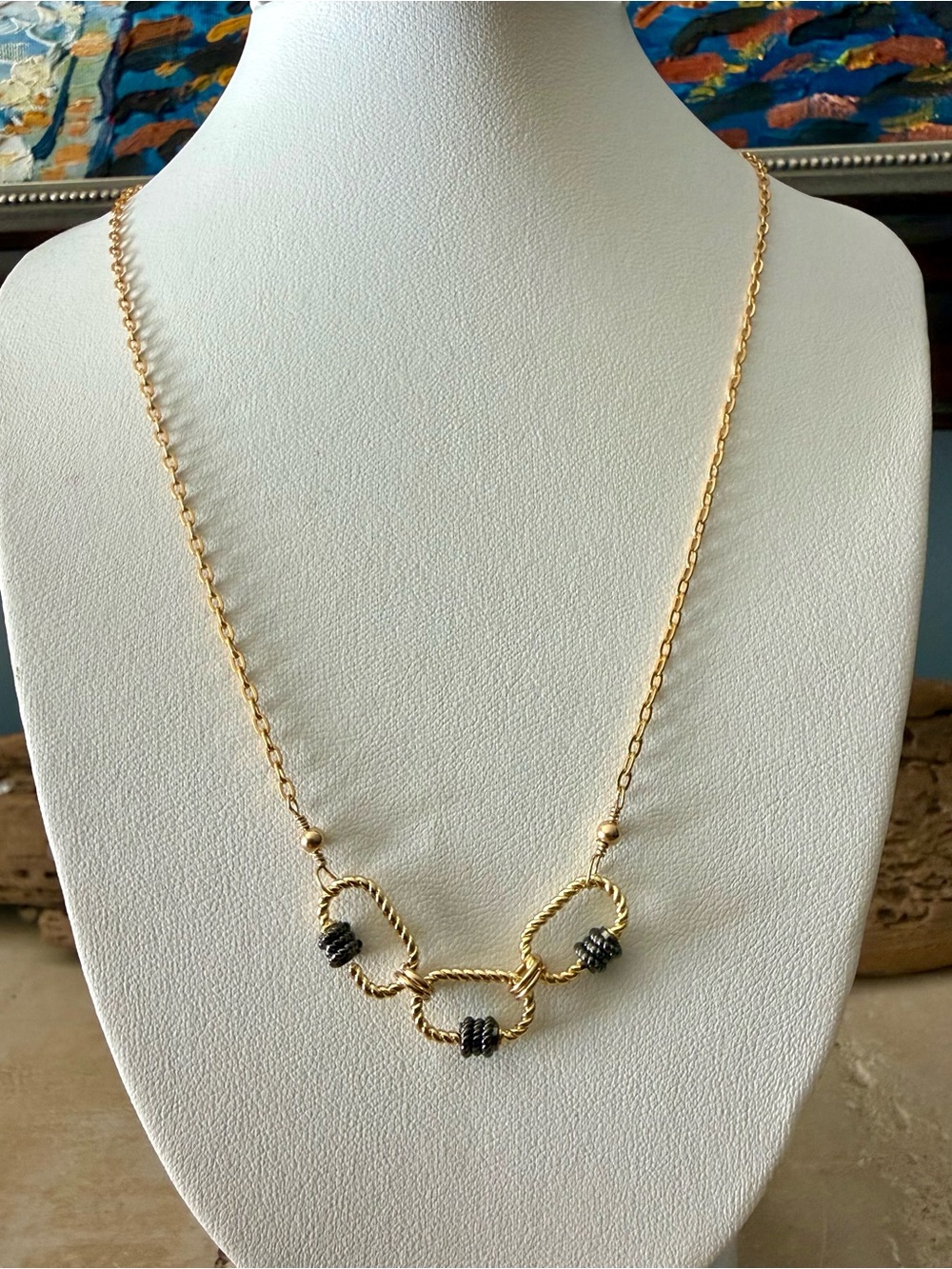 Handcrafted Gold Chain Necklace with Gunmetal Accent Carabiners - Women Jewelry